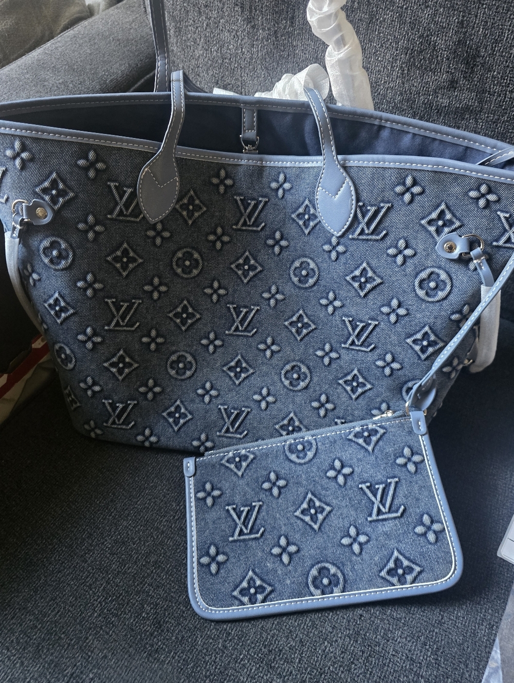 Cotton Denim Deluxe Embross Monogram Travel Everywear Tote Bag - Picture 3 of 16